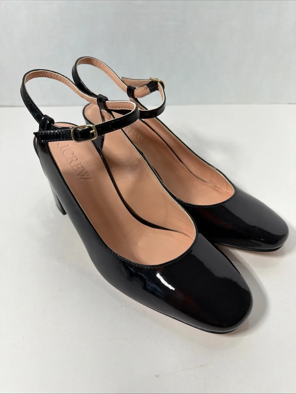 J Crew BLACK PATENT MAISIE ANKLE STRAP BLOCK HEELS Size 7.5 US NWOB